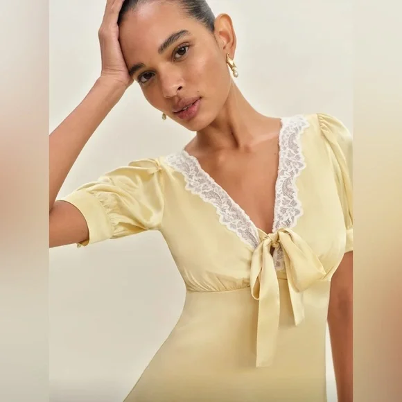 New Reformation Avin Silk Mini Dress Blonde - Picture 3 of 16